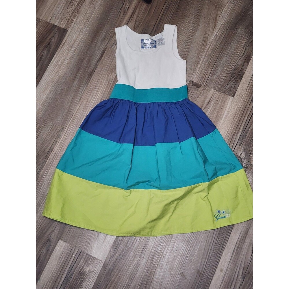 Los Angeles Guess Jeans Girls 8 Dress Kids Cotton Color Block White Green Blue